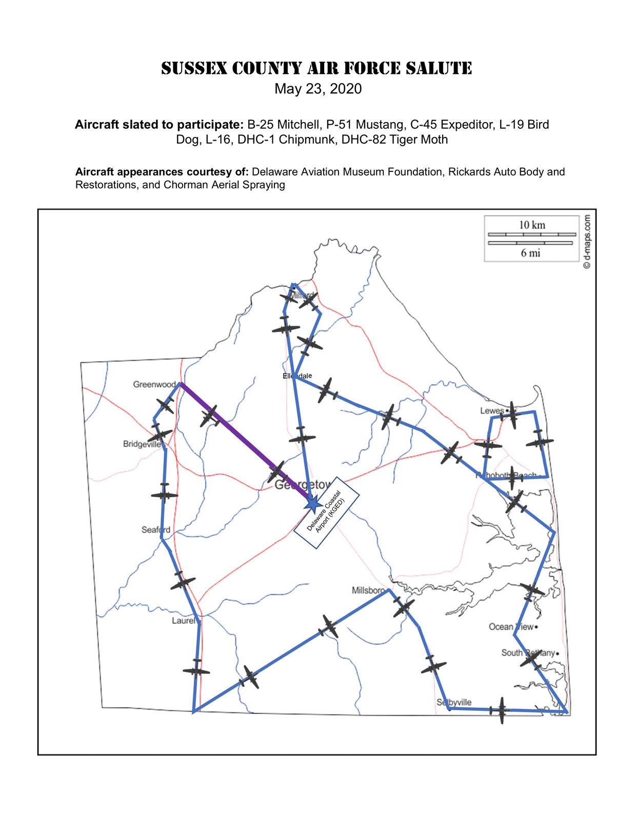 Sussex County Air Force Salute route map